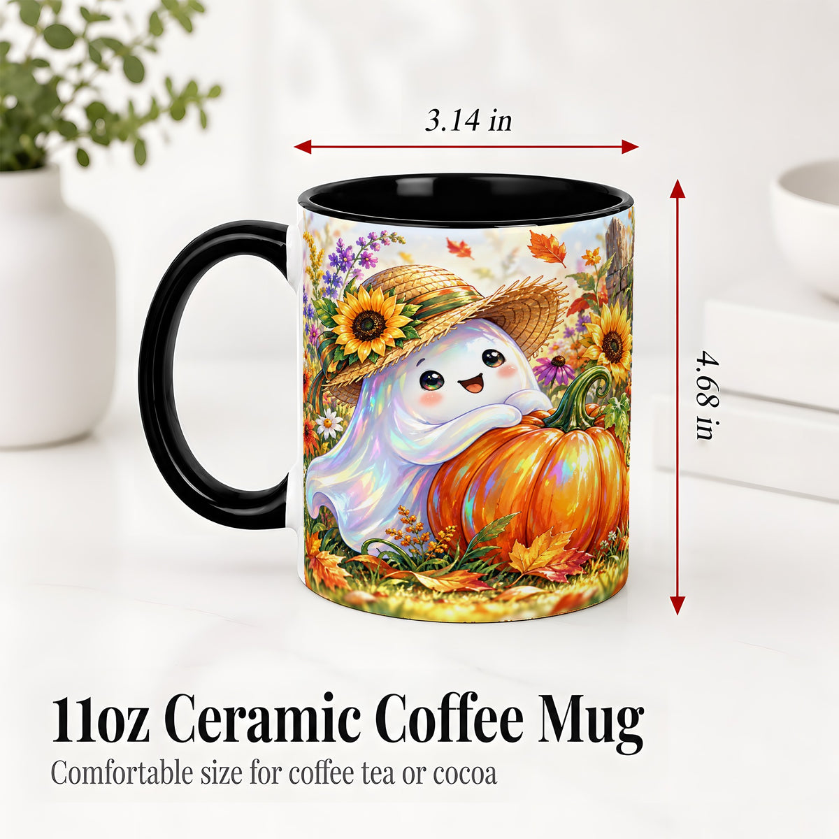 #pl[11oz|Black] Autumn Ghost Accent Mug, Pumpkin Sunflower Fall Garden Design