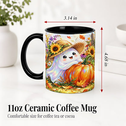 #pl[11oz|Black] Autumn Ghost Accent Mug, Pumpkin Sunflower Fall Garden Design