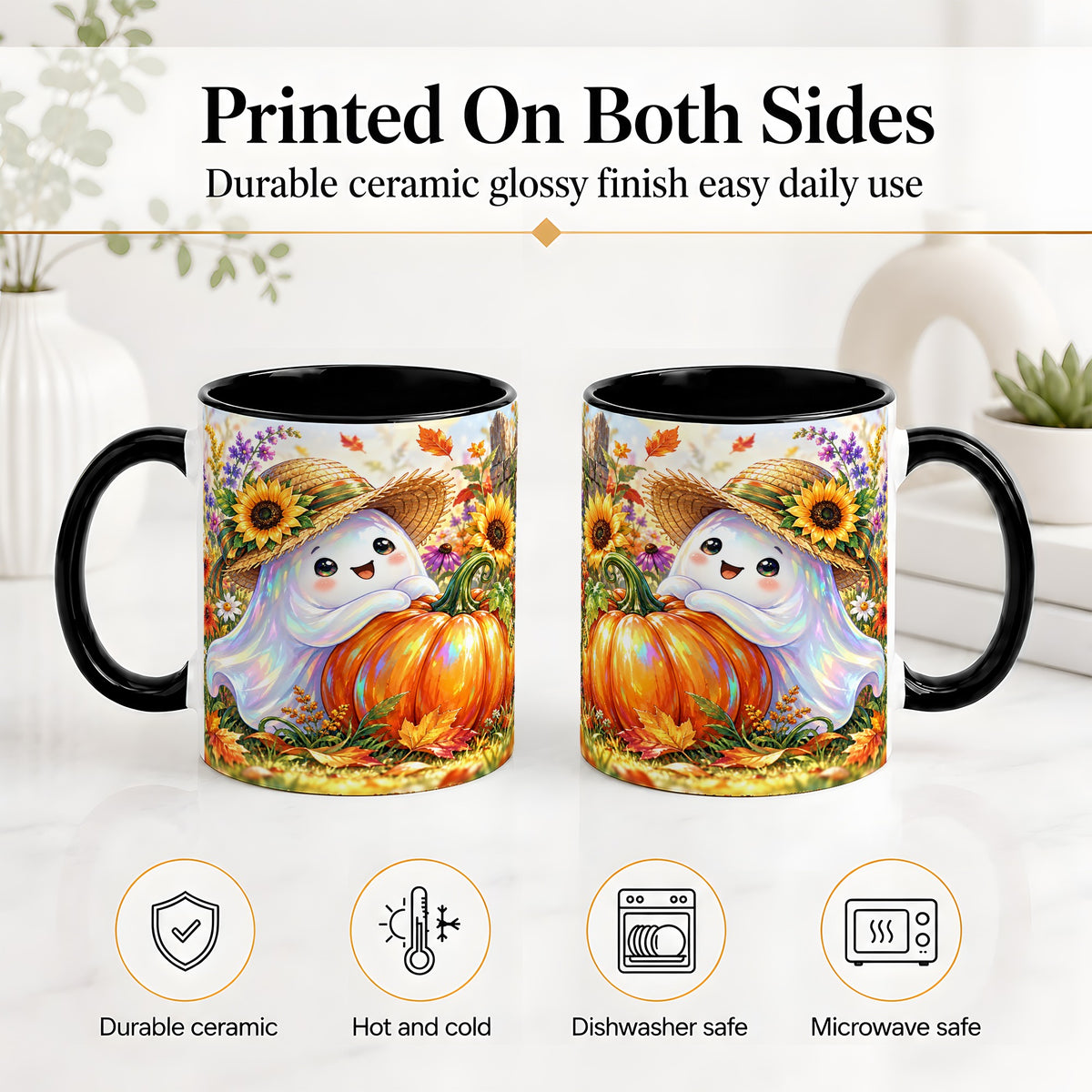 #pl[11oz|Black] Autumn Ghost Accent Mug, Pumpkin Sunflower Fall Garden Design