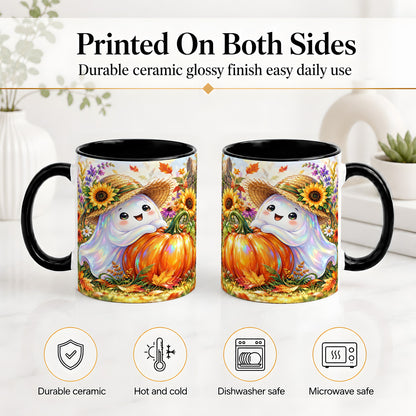 #pl[11oz|Black] Autumn Ghost Accent Mug, Pumpkin Sunflower Fall Garden Design