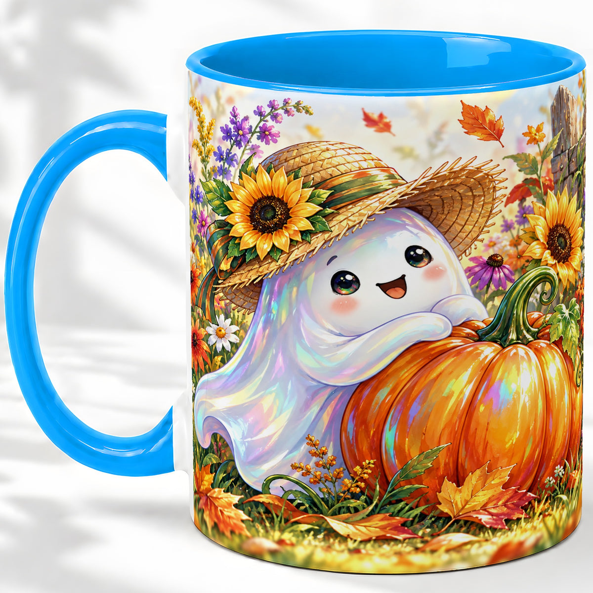 #pl[11oz|Blue] Autumn Ghost Accent Mug, Pumpkin Sunflower Fall Garden Design