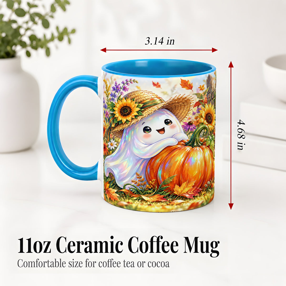 #pl[11oz|Blue] Autumn Ghost Accent Mug, Pumpkin Sunflower Fall Garden Design