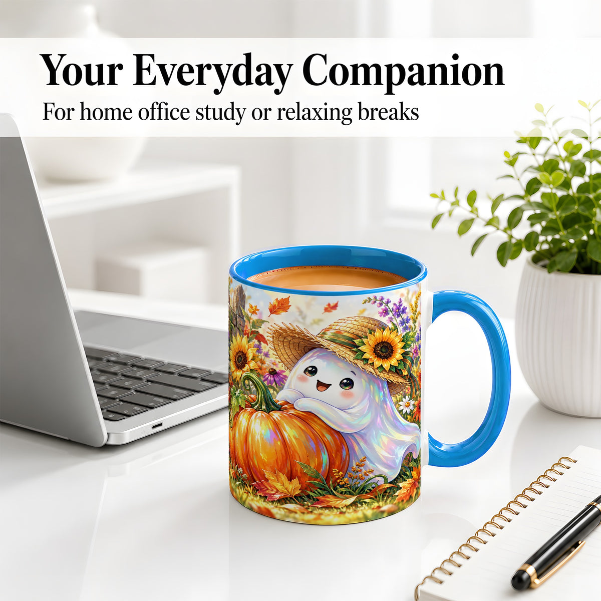 #pl[11oz|Blue] Autumn Ghost Accent Mug, Pumpkin Sunflower Fall Garden Design