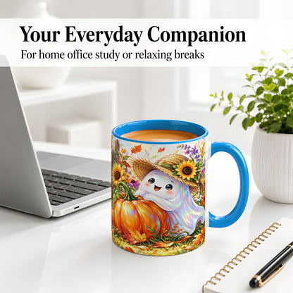 #pl[11oz|Blue] Autumn Ghost Accent Mug, Pumpkin Sunflower Fall Garden Design