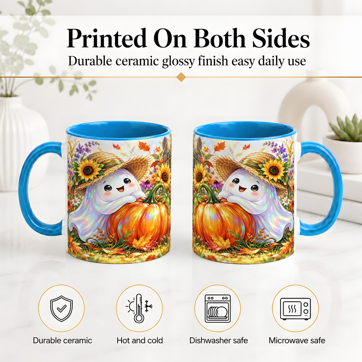 #pl[11oz|Blue] Autumn Ghost Accent Mug, Pumpkin Sunflower Fall Garden Design