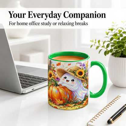 #pl[11oz|Green] Autumn Ghost Accent Mug, Pumpkin Sunflower Fall Garden Design