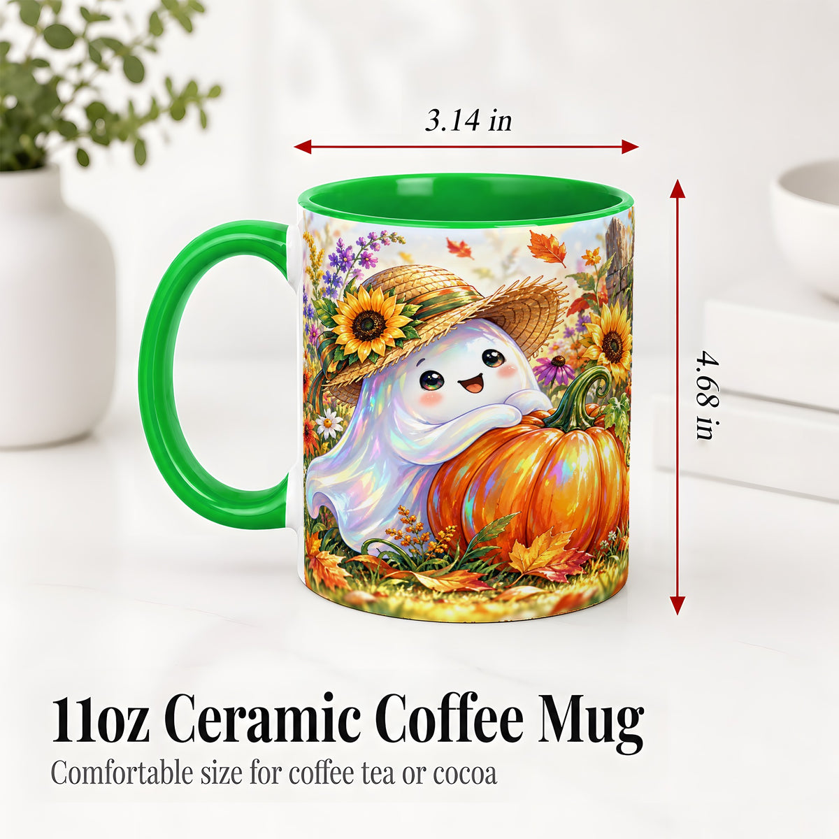 #pl[11oz|Green] Autumn Ghost Accent Mug, Pumpkin Sunflower Fall Garden Design
