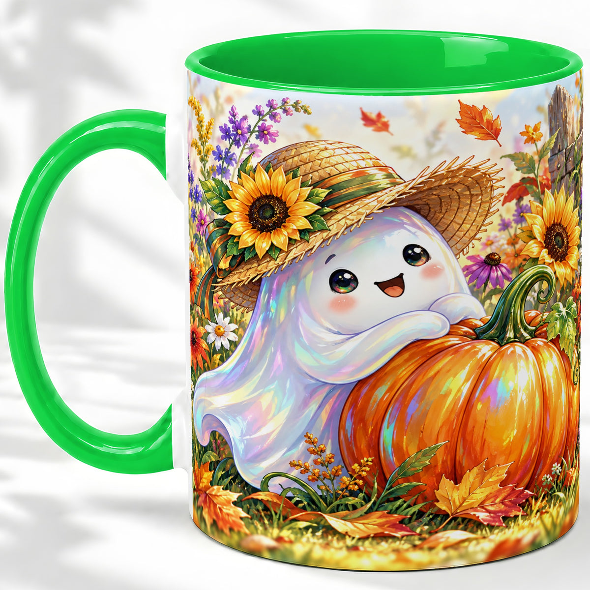 #pl[11oz|Green] Autumn Ghost Accent Mug, Pumpkin Sunflower Fall Garden Design