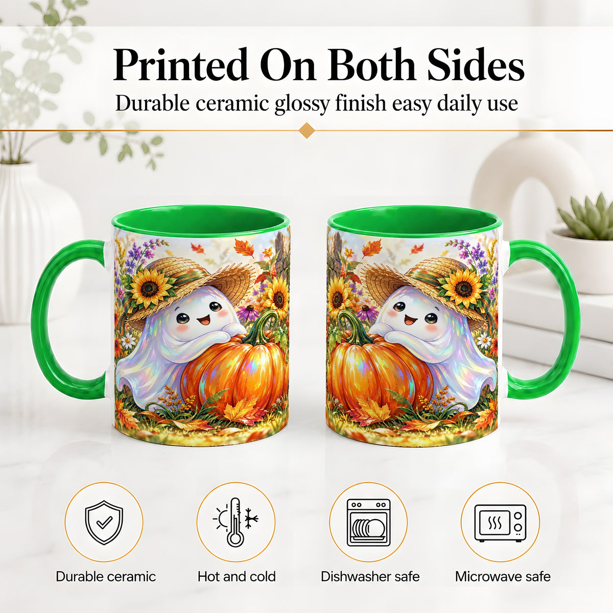 #pl[11oz|Green] Autumn Ghost Accent Mug, Pumpkin Sunflower Fall Garden Design