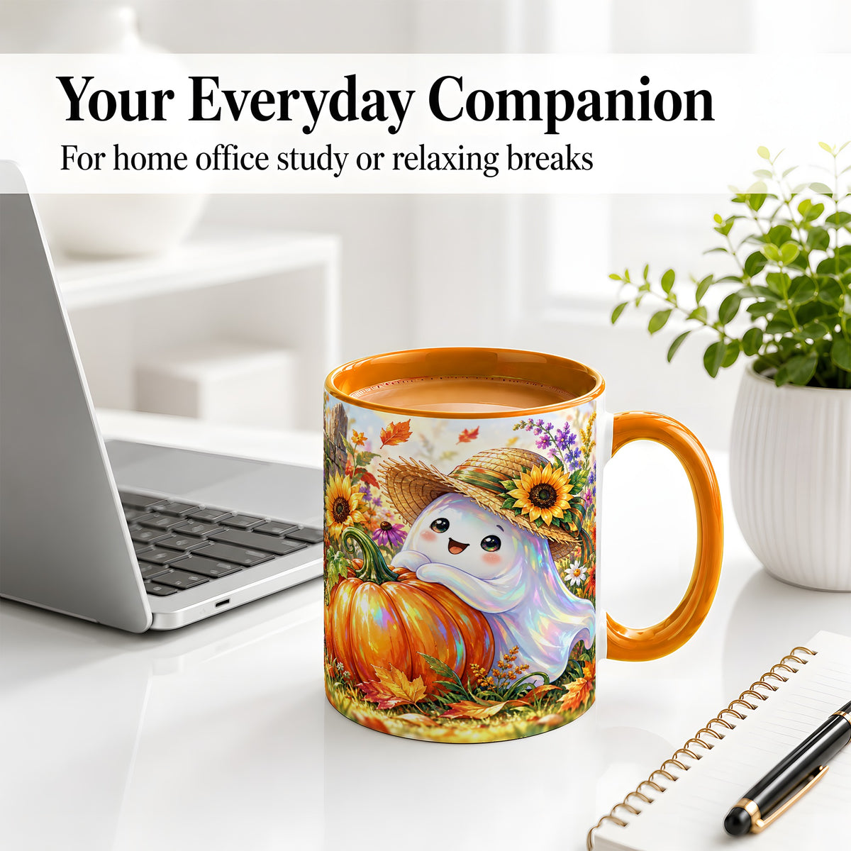 #pl[11oz|Orange] Autumn Ghost Accent Mug, Pumpkin Sunflower Fall Garden Design