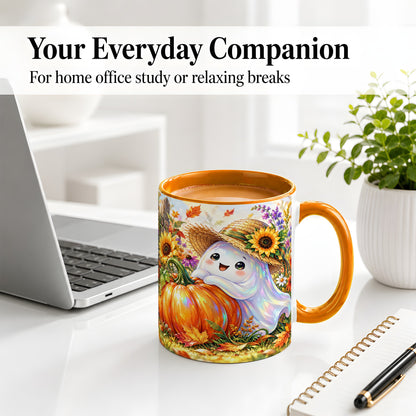 #pl[11oz|Orange] Autumn Ghost Accent Mug, Pumpkin Sunflower Fall Garden Design
