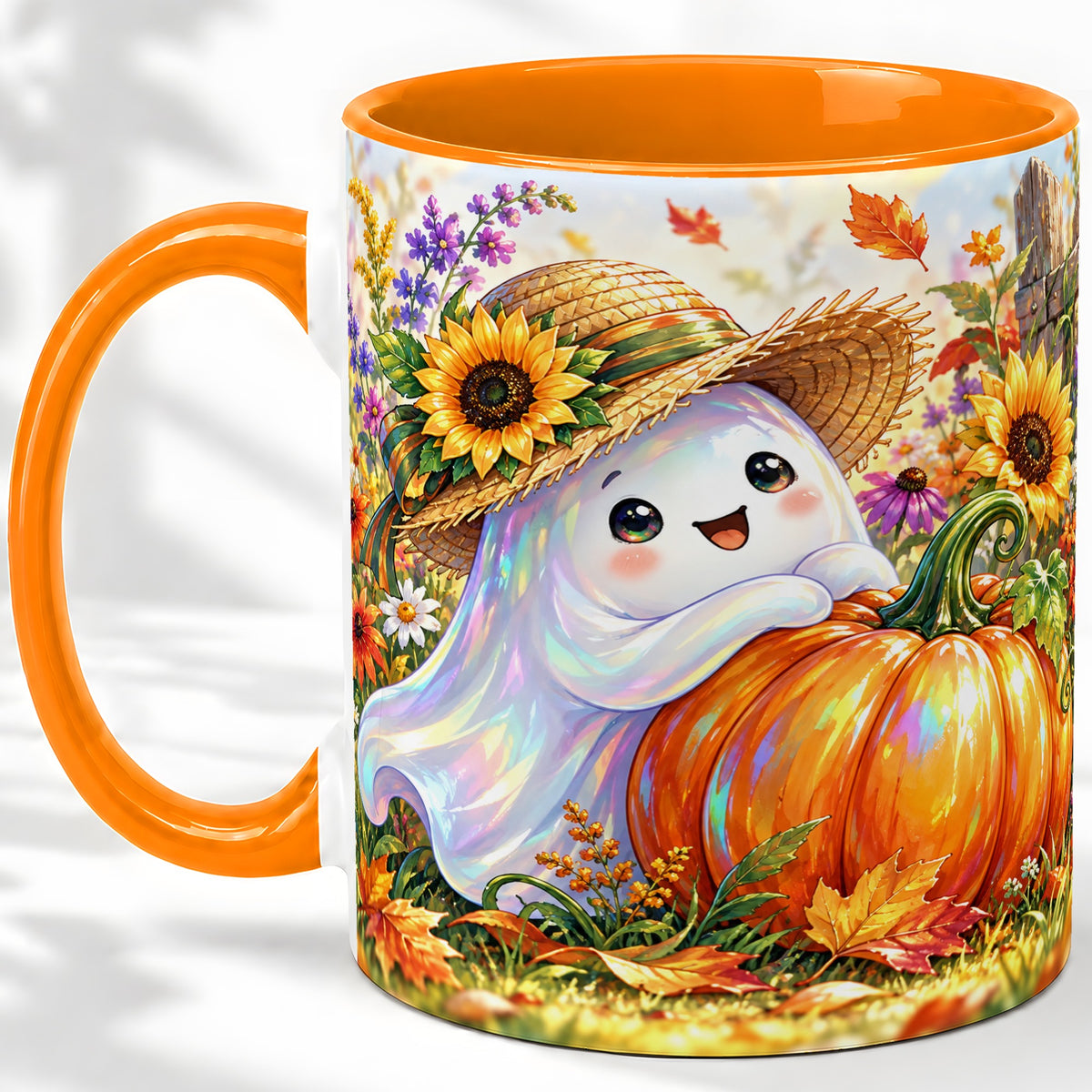 #pl[11oz|Orange] Autumn Ghost Accent Mug, Pumpkin Sunflower Fall Garden Design