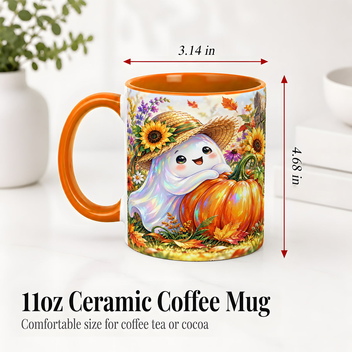 #pl[11oz|Orange] Autumn Ghost Accent Mug, Pumpkin Sunflower Fall Garden Design