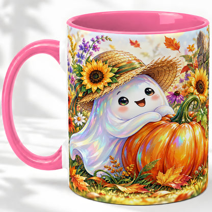 #pl[11oz|Pink] Autumn Ghost Accent Mug, Pumpkin Sunflower Fall Garden Design