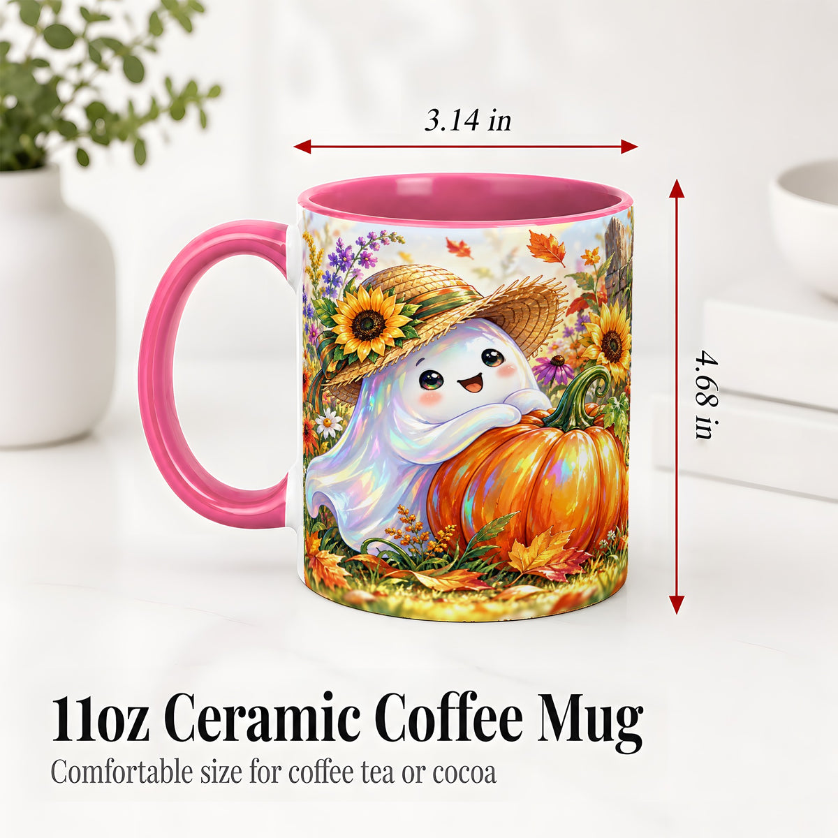 #pl[11oz|Pink] Autumn Ghost Accent Mug, Pumpkin Sunflower Fall Garden Design