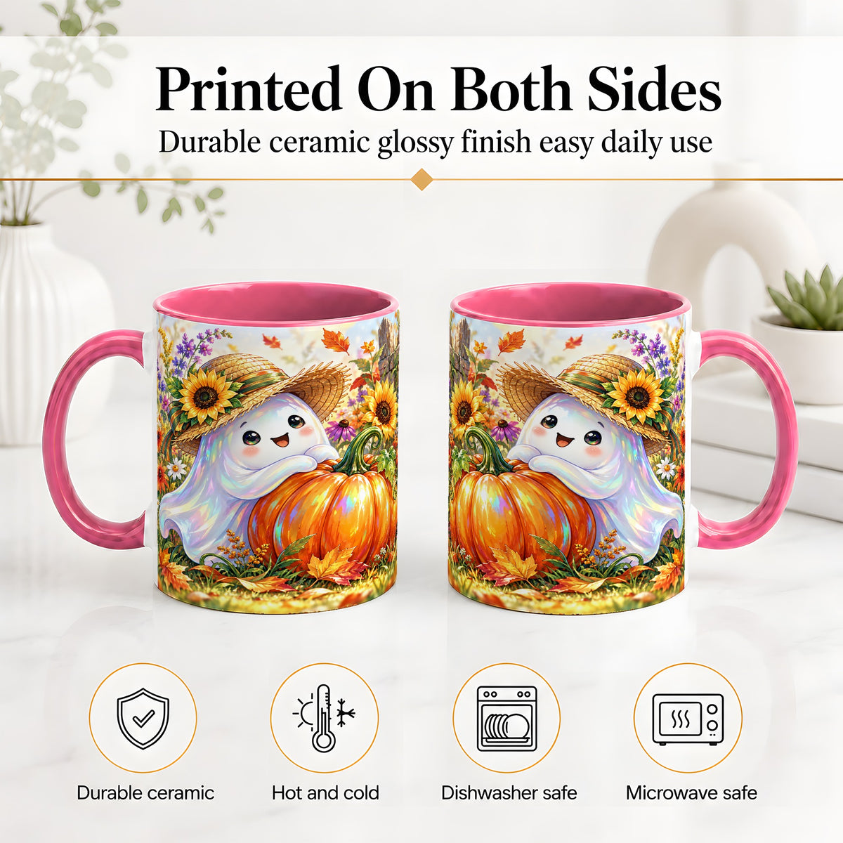 #pl[11oz|Pink] Autumn Ghost Accent Mug, Pumpkin Sunflower Fall Garden Design