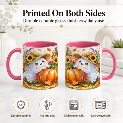 #pl[11oz|Pink] Autumn Ghost Accent Mug, Pumpkin Sunflower Fall Garden Design