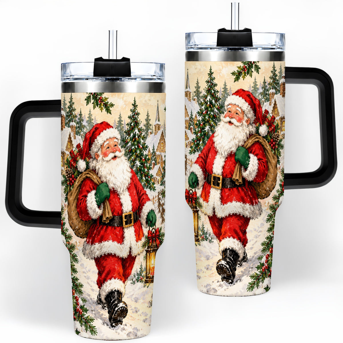 #pl[40oz|Black] Vintage Santa 40oz Tumbler, Christmas Village Drinkware for Daily Use