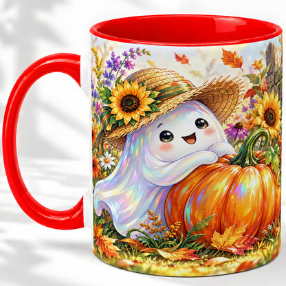 Autumn Ghost Accent Mug, Pumpkin Sunflower Fall Garden Design