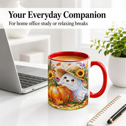 #pl[11oz|Red] Autumn Ghost Accent Mug, Pumpkin Sunflower Fall Garden Design