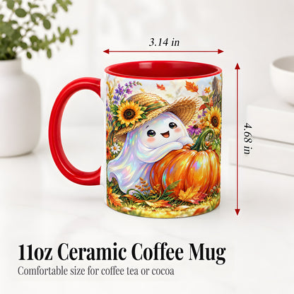 #pl[11oz|Red] Autumn Ghost Accent Mug, Pumpkin Sunflower Fall Garden Design