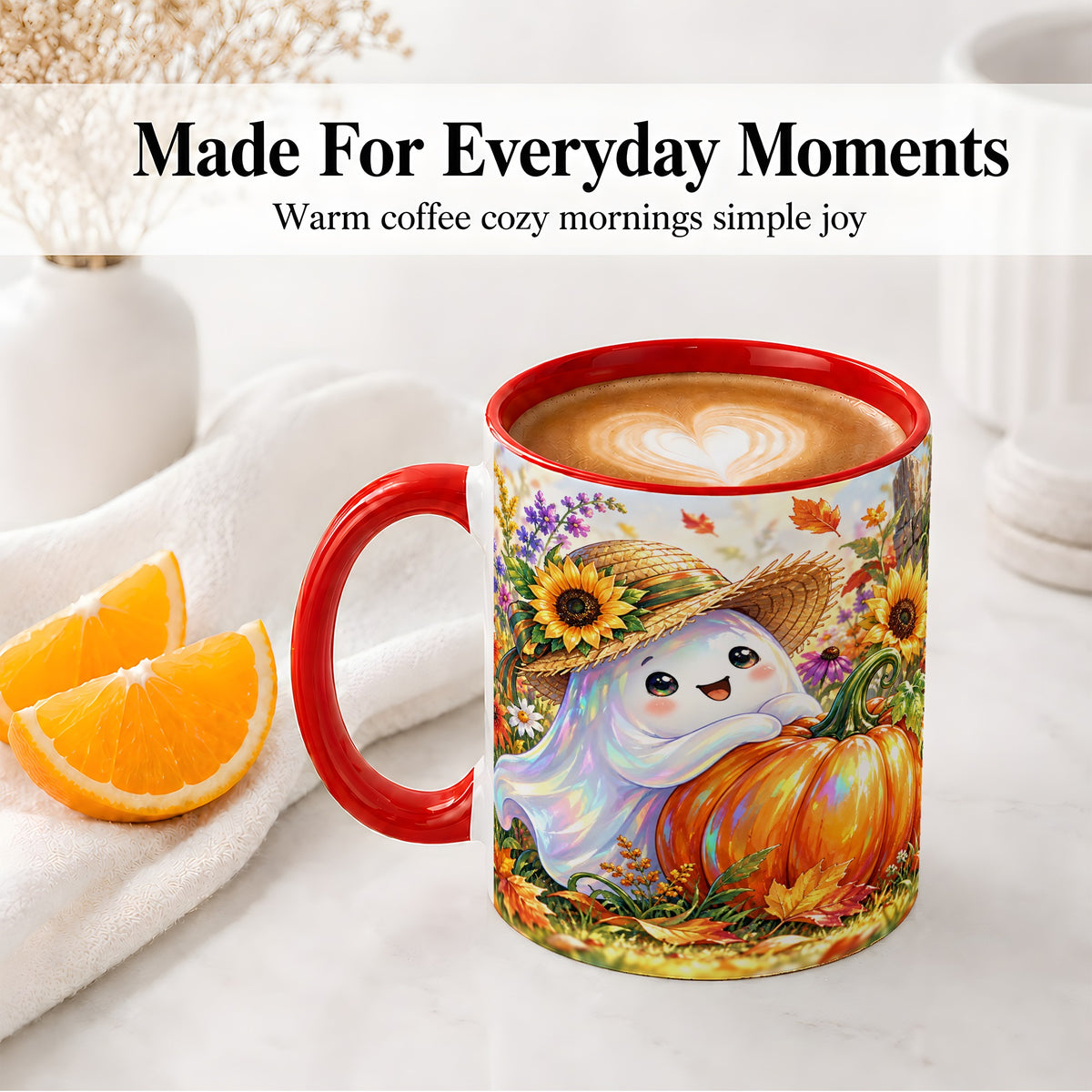 #pl[11oz|Red] Autumn Ghost Accent Mug, Pumpkin Sunflower Fall Garden Design