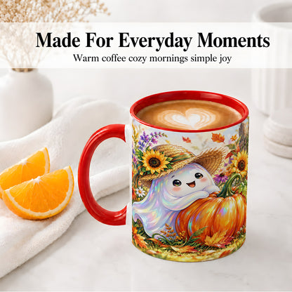 #pl[11oz|Red] Autumn Ghost Accent Mug, Pumpkin Sunflower Fall Garden Design