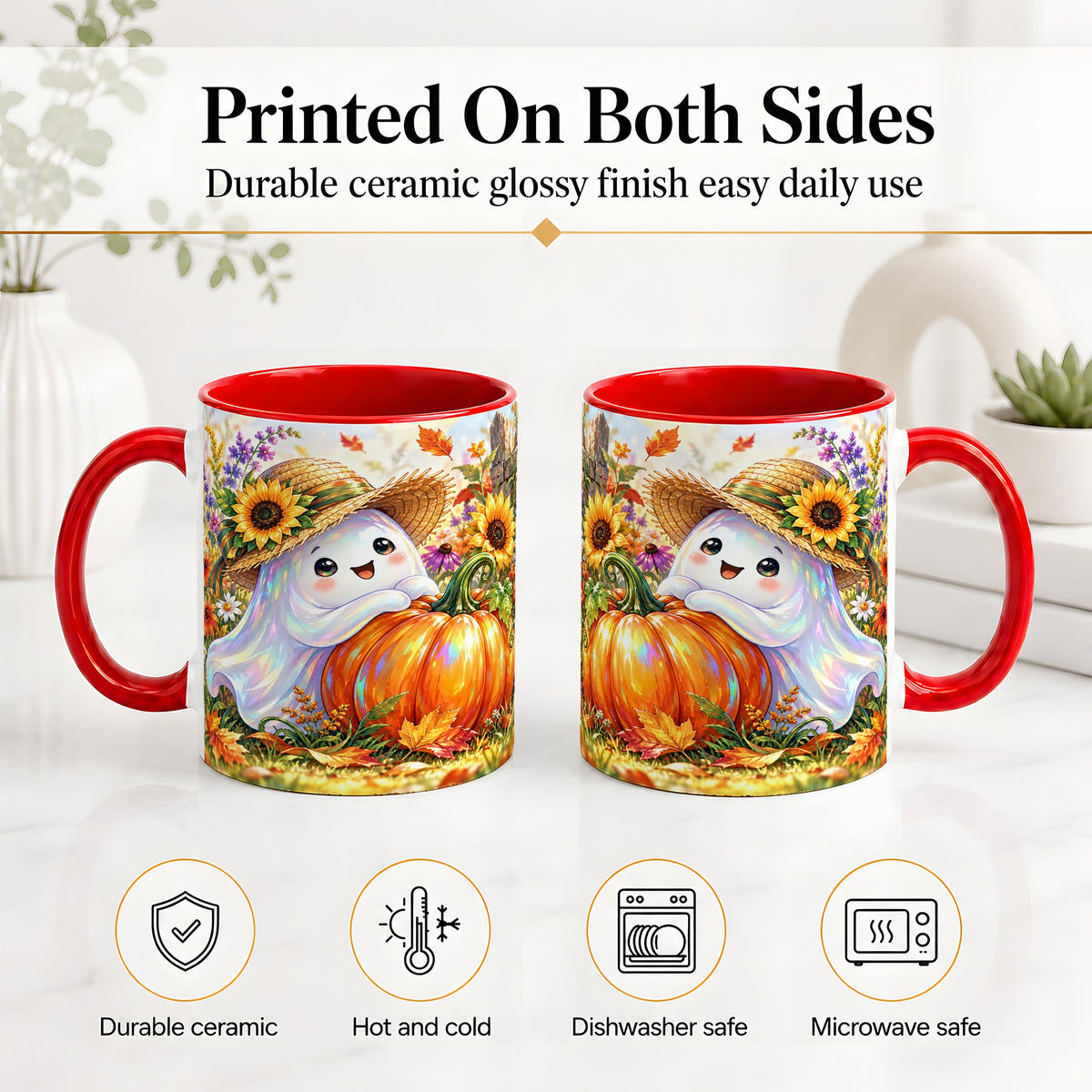 #pl[11oz|Red] Autumn Ghost Accent Mug, Pumpkin Sunflower Fall Garden Design