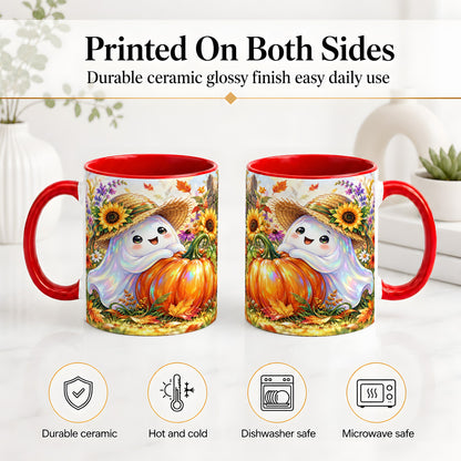 #pl[11oz|Red] Autumn Ghost Accent Mug, Pumpkin Sunflower Fall Garden Design