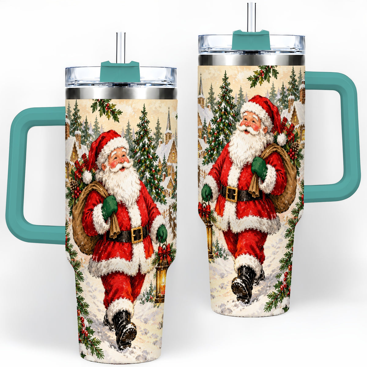 #pl[40oz|Green] Vintage Santa 40oz Tumbler, Christmas Village Drinkware for Daily Use