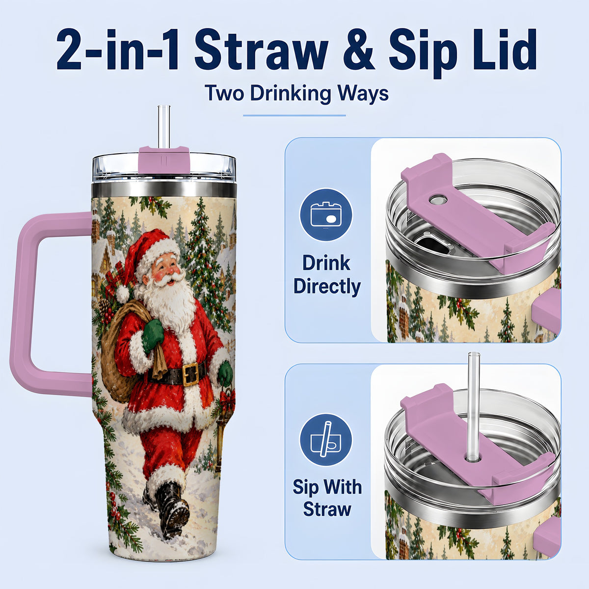 #pl[40oz|Pink] Vintage Santa 40oz Tumbler, Christmas Village Drinkware for Daily Use