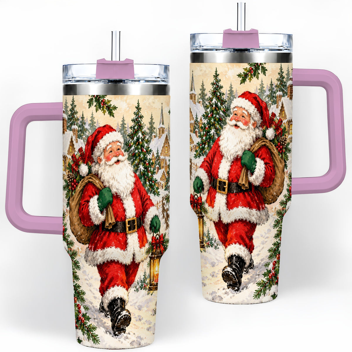 #pl[40oz|Pink] Vintage Santa 40oz Tumbler, Christmas Village Drinkware for Daily Use