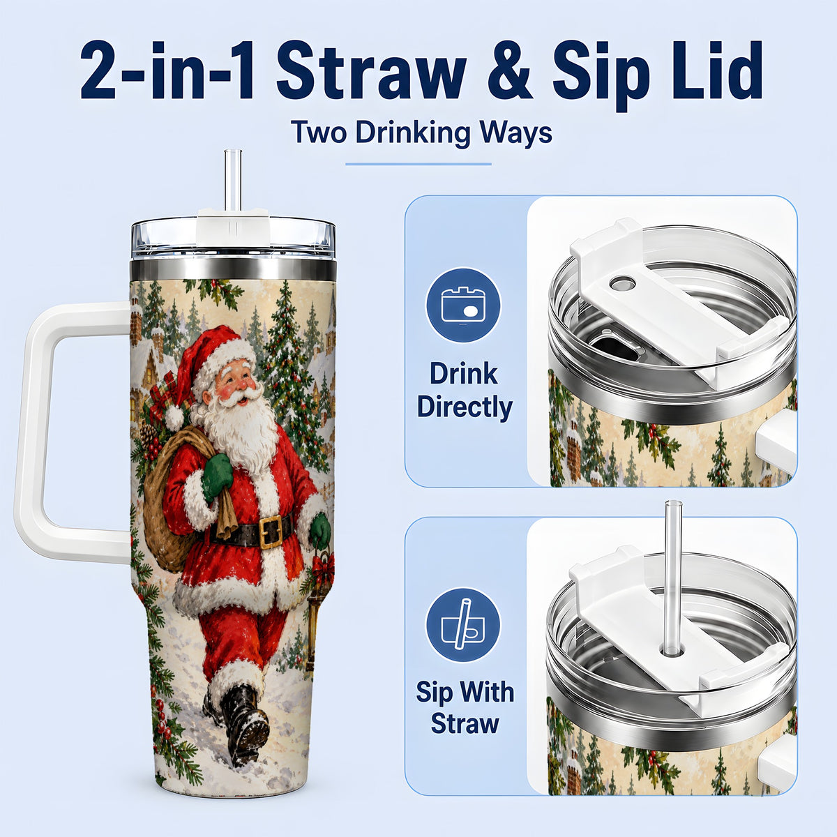 #pl[40oz|White] Vintage Santa 40oz Tumbler, Christmas Village Drinkware for Daily Use