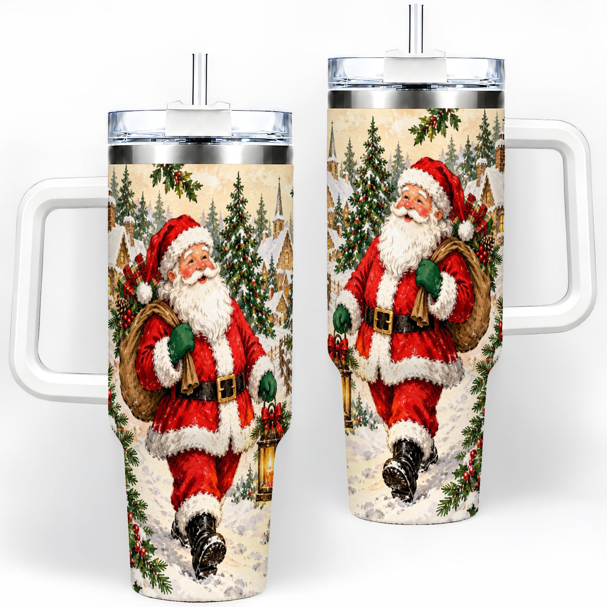 Vintage Santa 40oz Tumbler, Christmas Village Drinkware for Daily Use