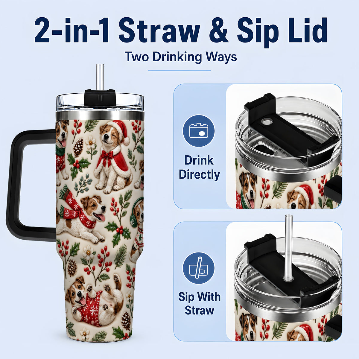 #pl[40oz|Black] Christmas Jack Russell 40oz Tumbler, Festive Dog Pattern Drinkware