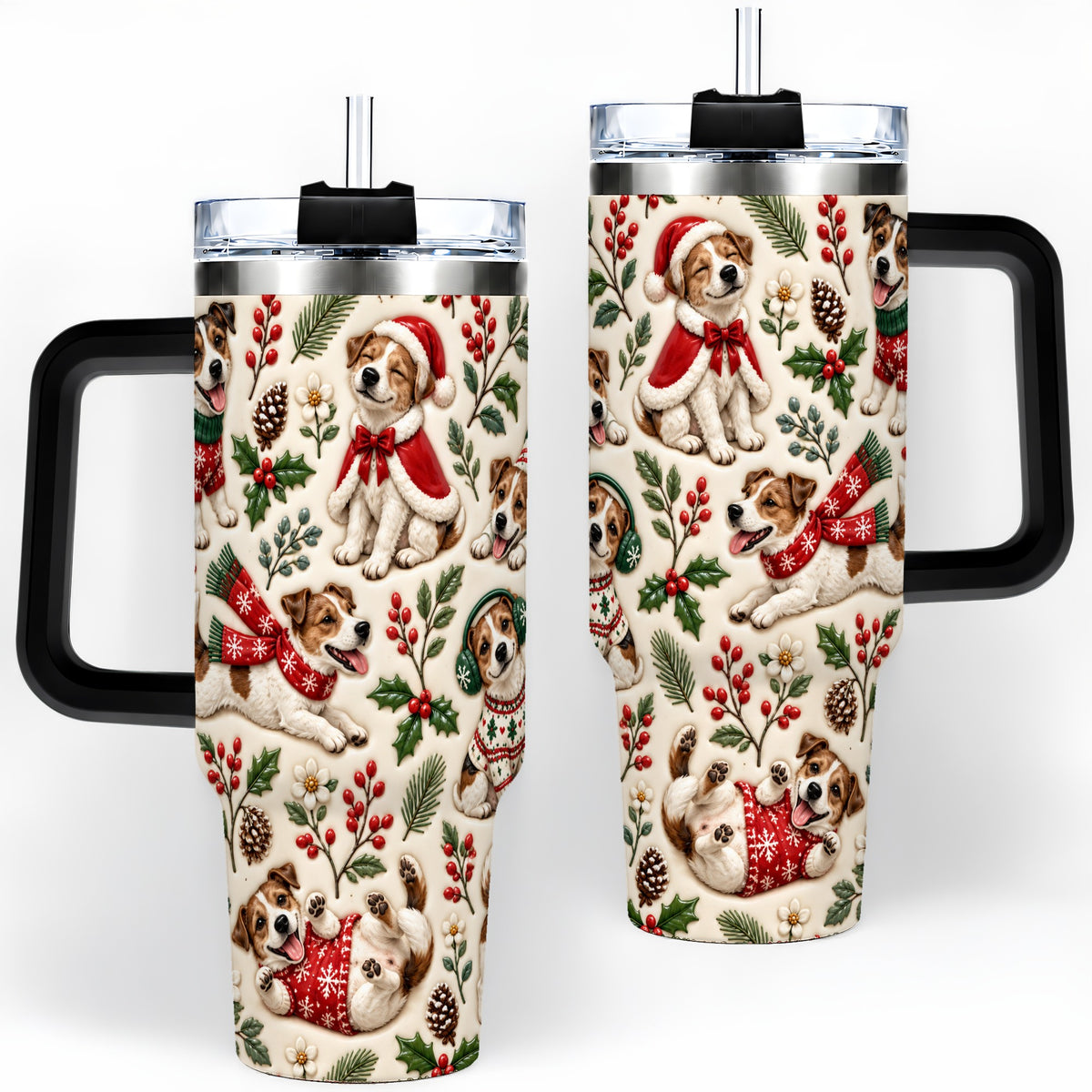 #pl[40oz|Black] Christmas Jack Russell 40oz Tumbler, Festive Dog Pattern Drinkware