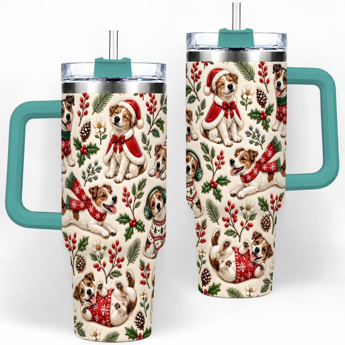 #pl[40oz|Green] Christmas Jack Russell 40oz Tumbler, Festive Dog Pattern Drinkware
