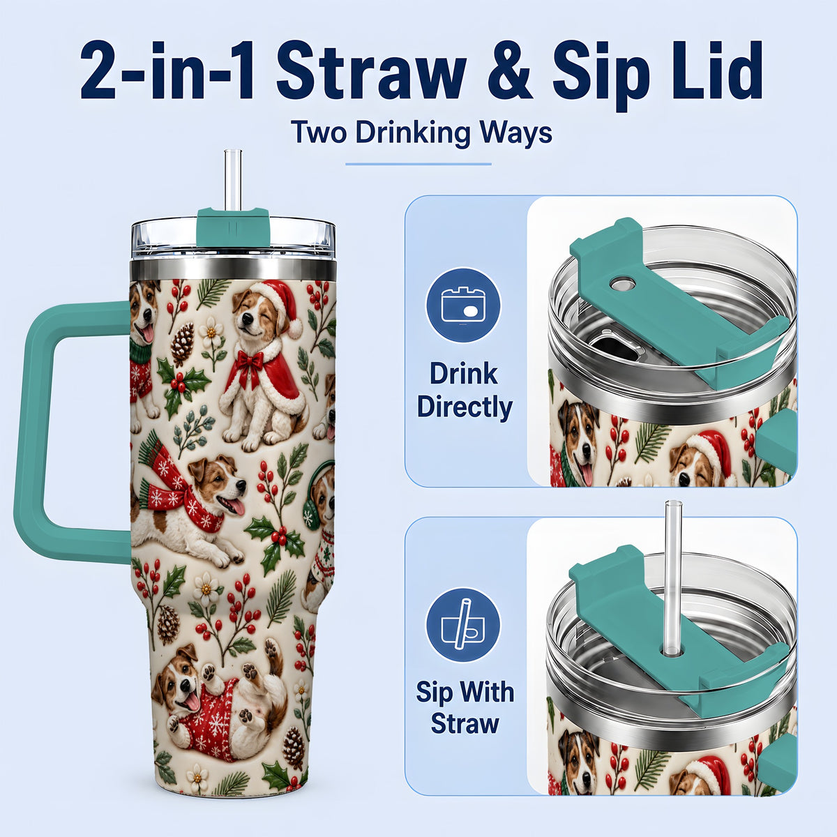 #pl[40oz|Green] Christmas Jack Russell 40oz Tumbler, Festive Dog Pattern Drinkware