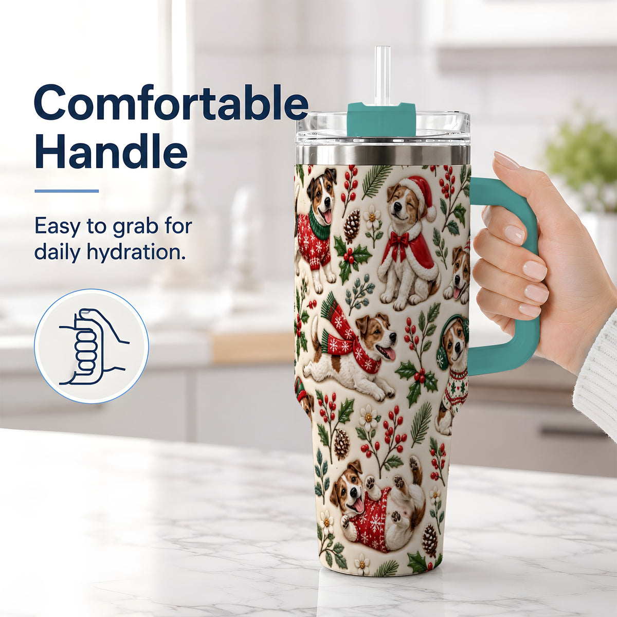#pl[40oz|Green] Christmas Jack Russell 40oz Tumbler, Festive Dog Pattern Drinkware