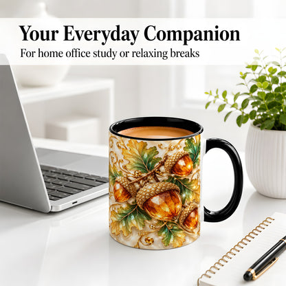 #pl[11oz|Black] Jeweled Acorn Accent Mug, Oak Leaf Botanical Autumn Nature Art