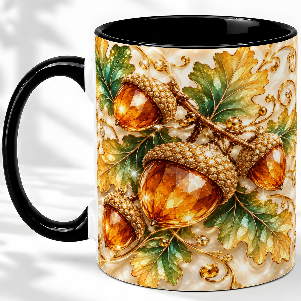 #pl[11oz|Black] Jeweled Acorn Accent Mug, Oak Leaf Botanical Autumn Nature Art