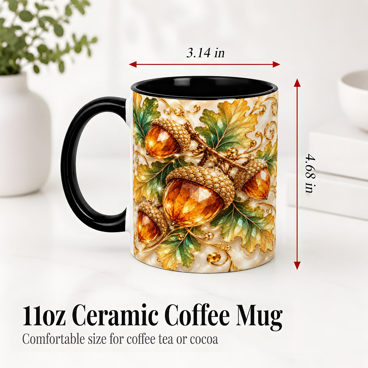 #pl[11oz|Black] Jeweled Acorn Accent Mug, Oak Leaf Botanical Autumn Nature Art