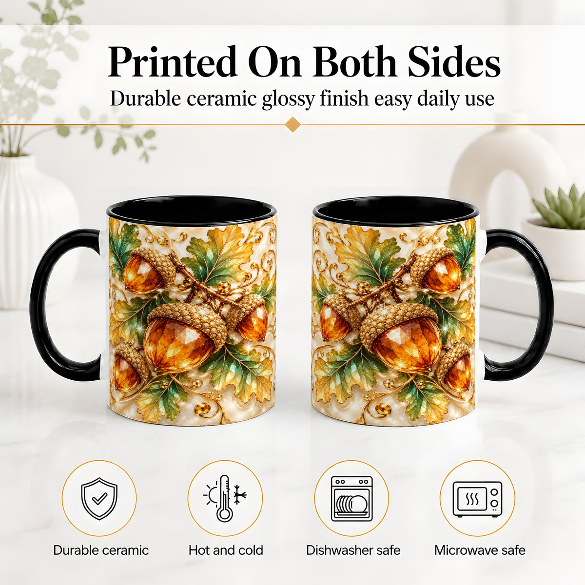 #pl[11oz|Black] Jeweled Acorn Accent Mug, Oak Leaf Botanical Autumn Nature Art
