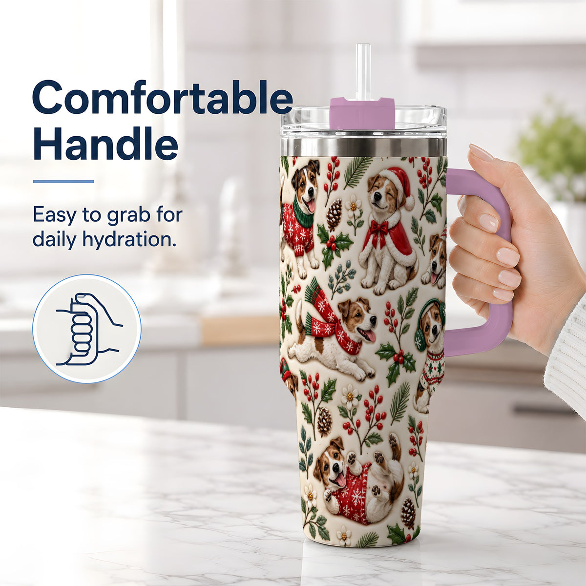 #pl[40oz|Pink] Christmas Jack Russell 40oz Tumbler, Festive Dog Pattern Drinkware
