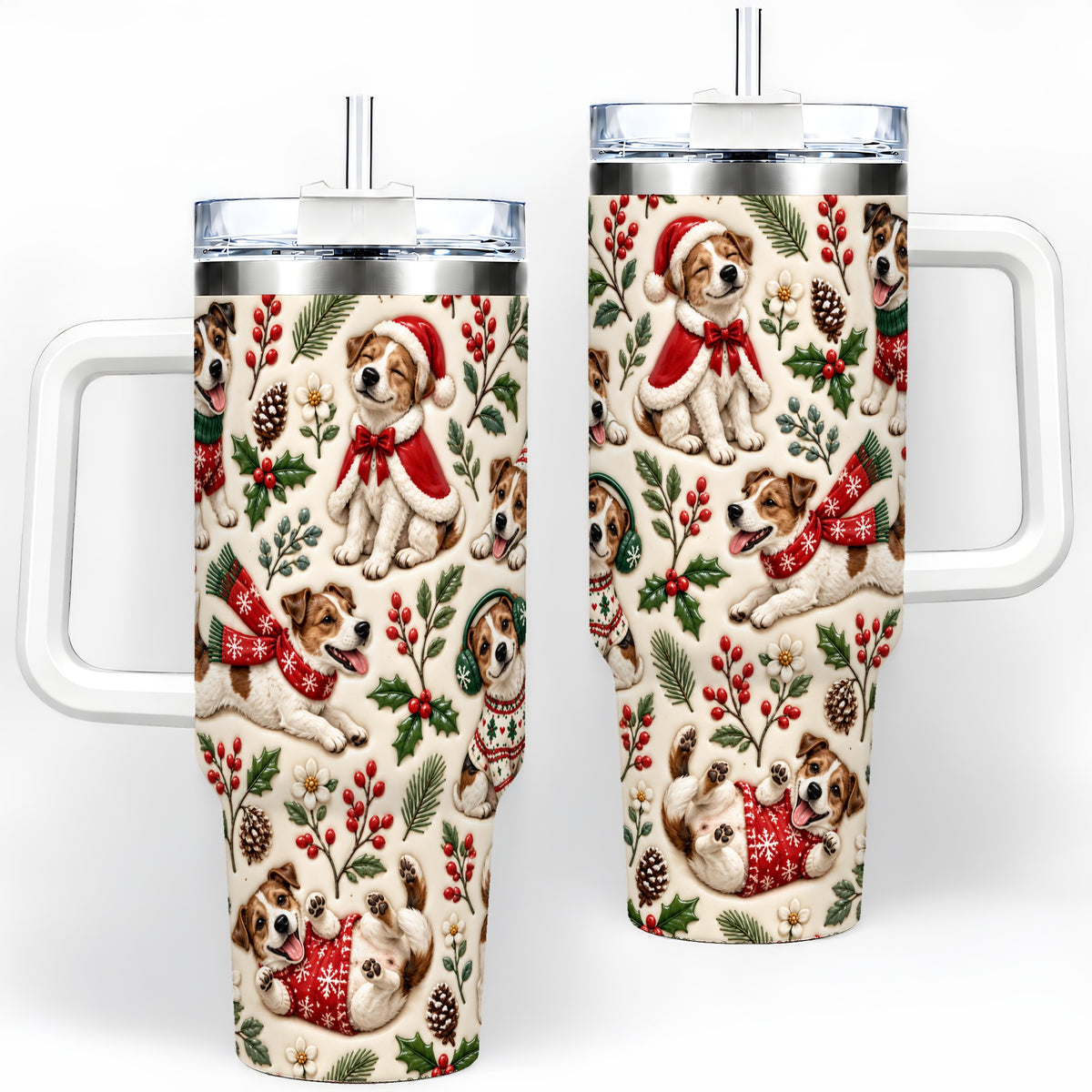 Christmas Jack Russell 40oz Tumbler, Festive Dog Pattern Drinkware