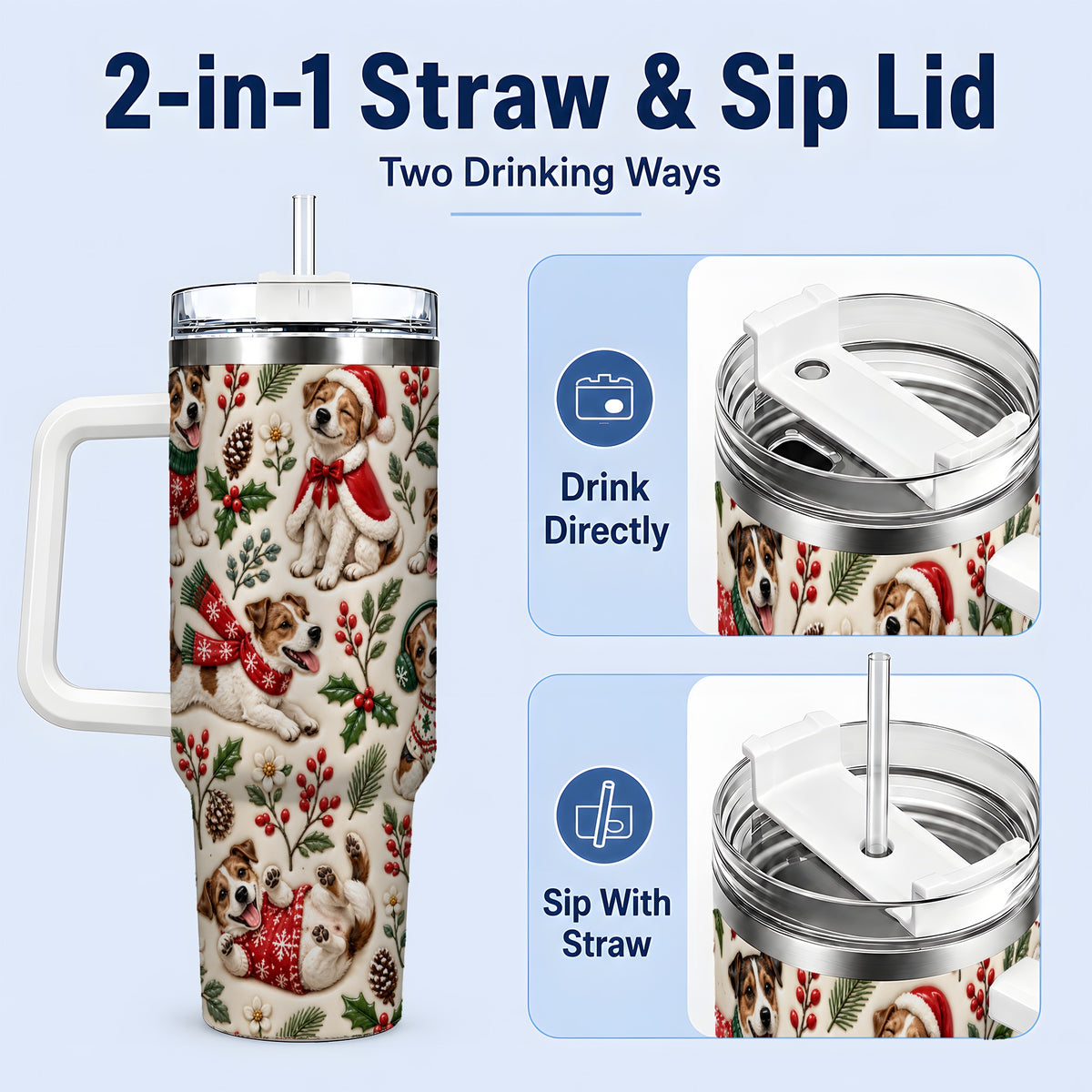 #pl[40oz|White] Christmas Jack Russell 40oz Tumbler, Festive Dog Pattern Drinkware