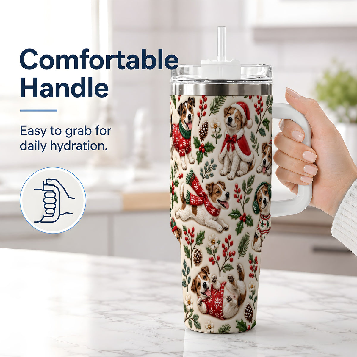 #pl[40oz|White] Christmas Jack Russell 40oz Tumbler, Festive Dog Pattern Drinkware