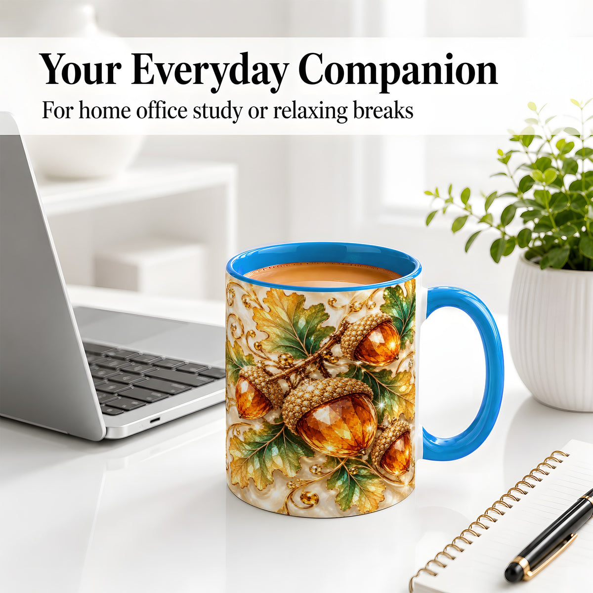#pl[11oz|Blue] Jeweled Acorn Accent Mug, Oak Leaf Botanical Autumn Nature Art