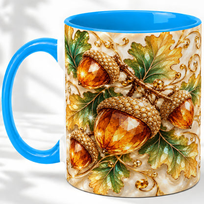 #pl[11oz|Blue] Jeweled Acorn Accent Mug, Oak Leaf Botanical Autumn Nature Art