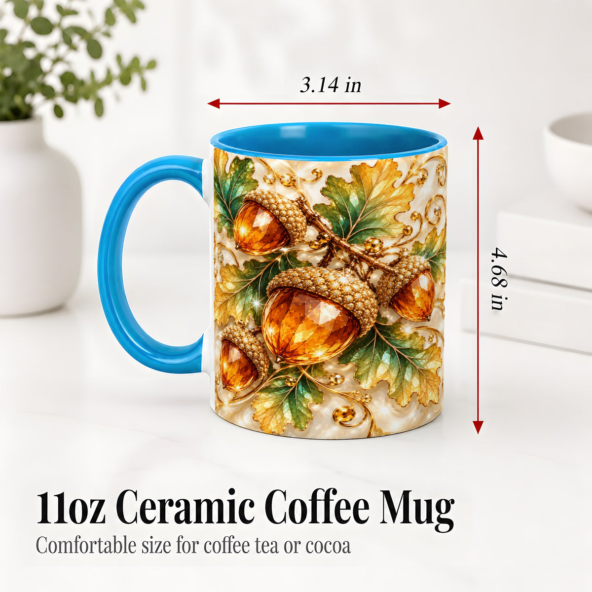 #pl[11oz|Blue] Jeweled Acorn Accent Mug, Oak Leaf Botanical Autumn Nature Art